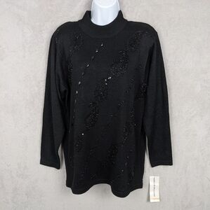 NWT Alfred Dunner Sweater Tunic Women Medium Black Knit Beaded Dressy Feminine